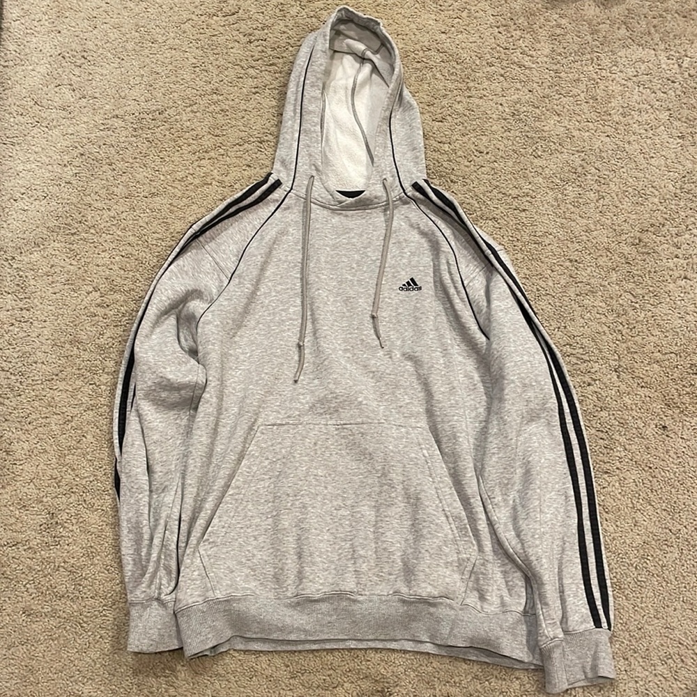 Vintage adidas size medium grey with black striped pullover hoodie